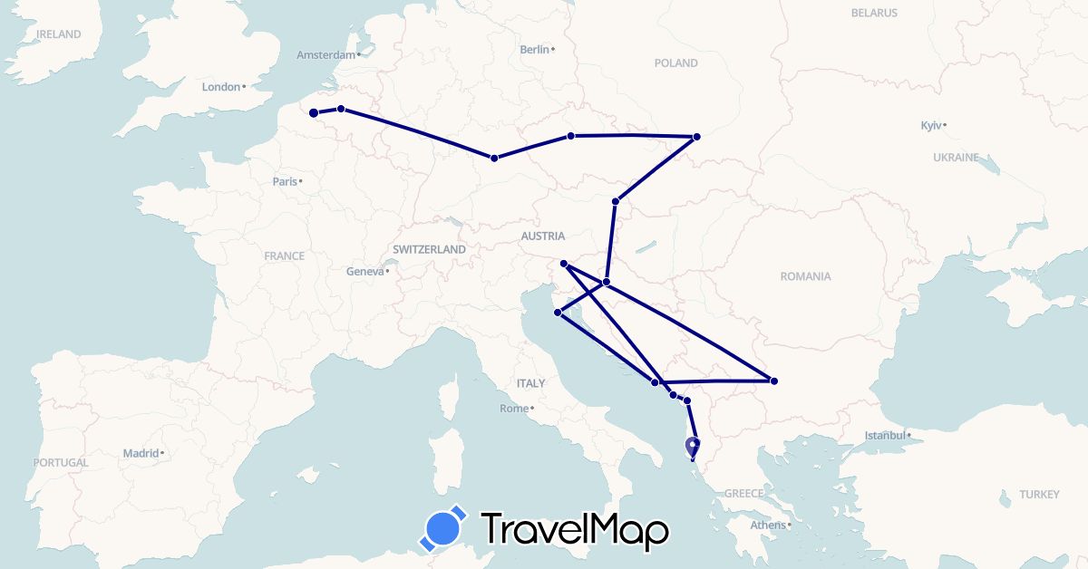TravelMap itinerary: driving in Albania, Austria, Belgium, Bulgaria, Czech Republic, Germany, France, Croatia, Montenegro, Poland, Slovenia (Europe)